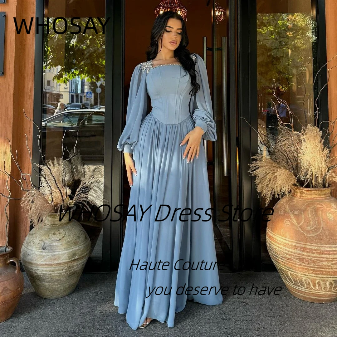 WHOSAY Custom Beaded Square Neck Evening Dresses 2025 Long Sleeves Lace Up Back Prom Dress Saudi Arabia Special Banquet Gowns