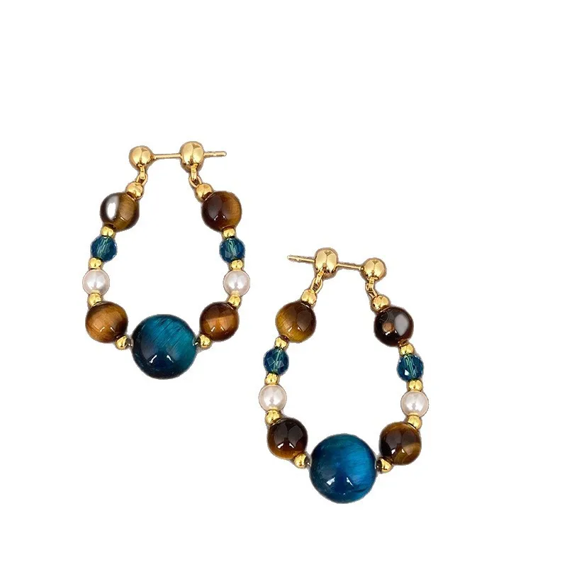 

Tiger Eye Bead Earrings for Women, Two-Tone Bohemian Ethnic Earrings, Unique New Chinese Style Gift, Anniversary Valentine's Pre