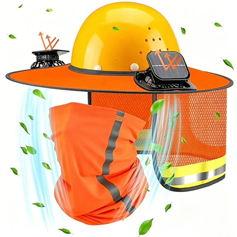 Hard Hat Sun Shade Kit with 2 Dual Driver Fans Solar or USB Powered Full Brim Mesh Cape for Construction Workers
