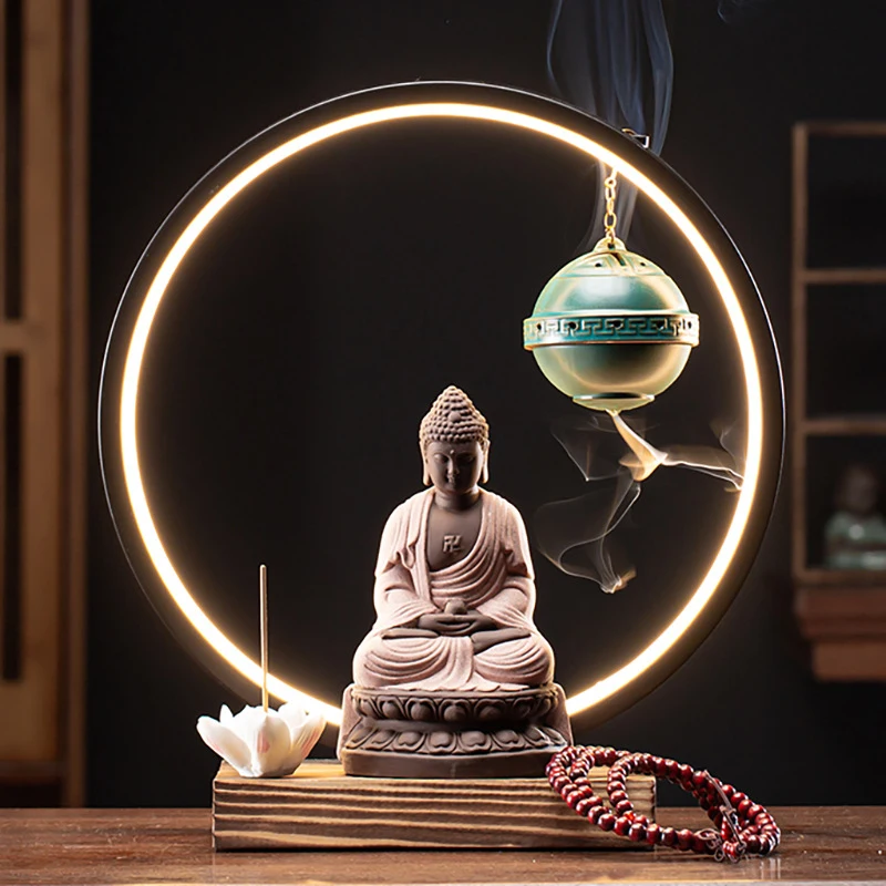 Creative Home Decor: Reverse-Flow Incense Burner With A Purple Clay Buddha Statue For The Living Room Or Office Desk, A Housewar