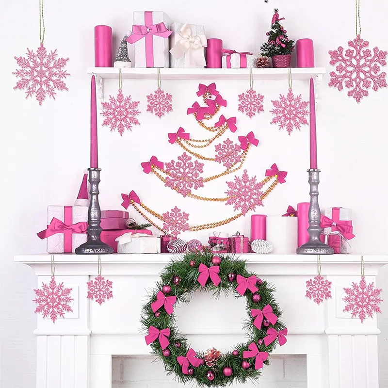 12pcs/set Pink Glitter Plastic Snowflake Ornaments Christmas Venue Decoration Xmas Tree Pendant For Home Winter Party Supplies