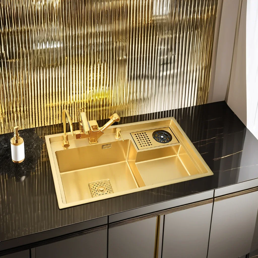 Luxury Multifunctional nano stainless steel kitchen sink gold color tap pull out kitchen mixer tap Villa hotel sink