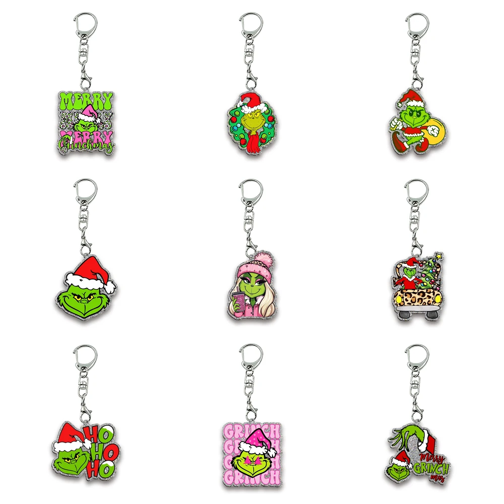 

Christmas Monster Hot Selling Glitter Acrylic Flatback Resin Keychains Kids Xmas Party Gift Collection Girls Jewelry Accessories