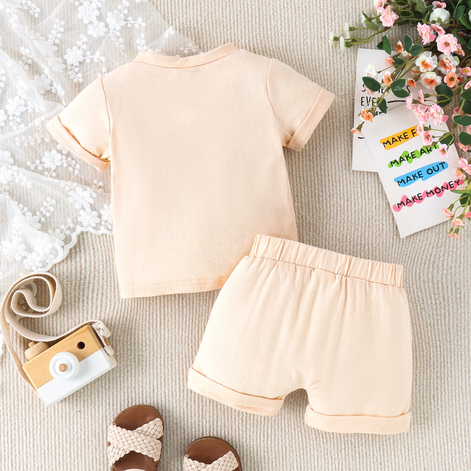 2PCS Summer Baby Girls 0-3 Years Old Soft And Comfortable Casual Beautiful Monogrammed Top + Solid Color Shorts