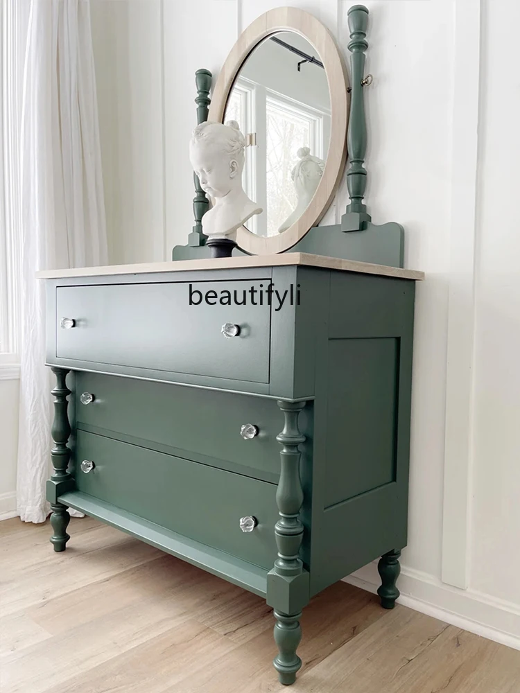 French Retro Green Chest of Drawers Dresser Nordic Style Makeup Table Light Luxury Bedroom Solid Wood Dresser