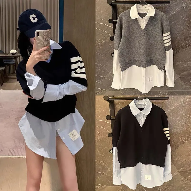 

Высококачественный вязаный топ irt Design Sense Splice Casual Long Sve Four Bar Top Женская версия премиум-класса Faion Euro Sle Vest