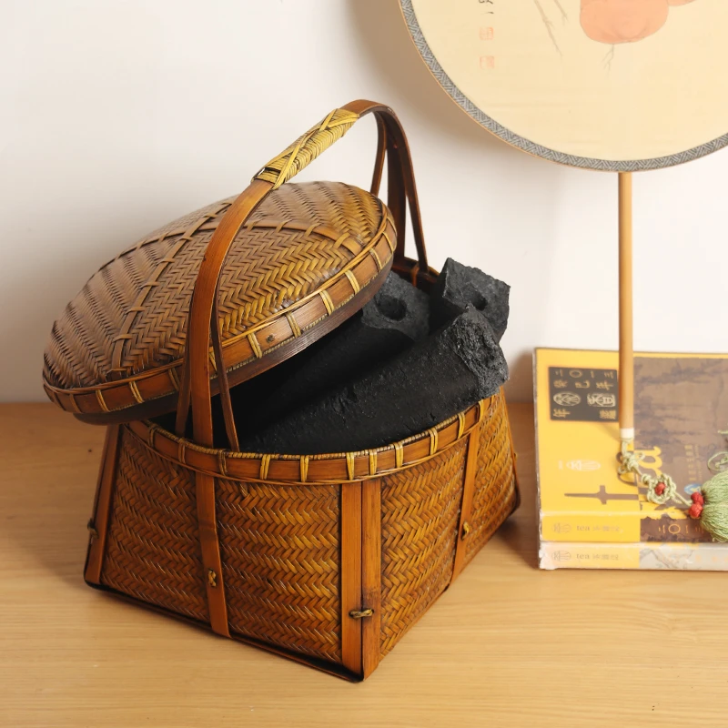 Retro Lift Carbon Box, Portable Charcoal Bucket, Handmade Bamboo with Lid, Travel, Wild Travel, Charcoal Basket, Charcoal Cage,