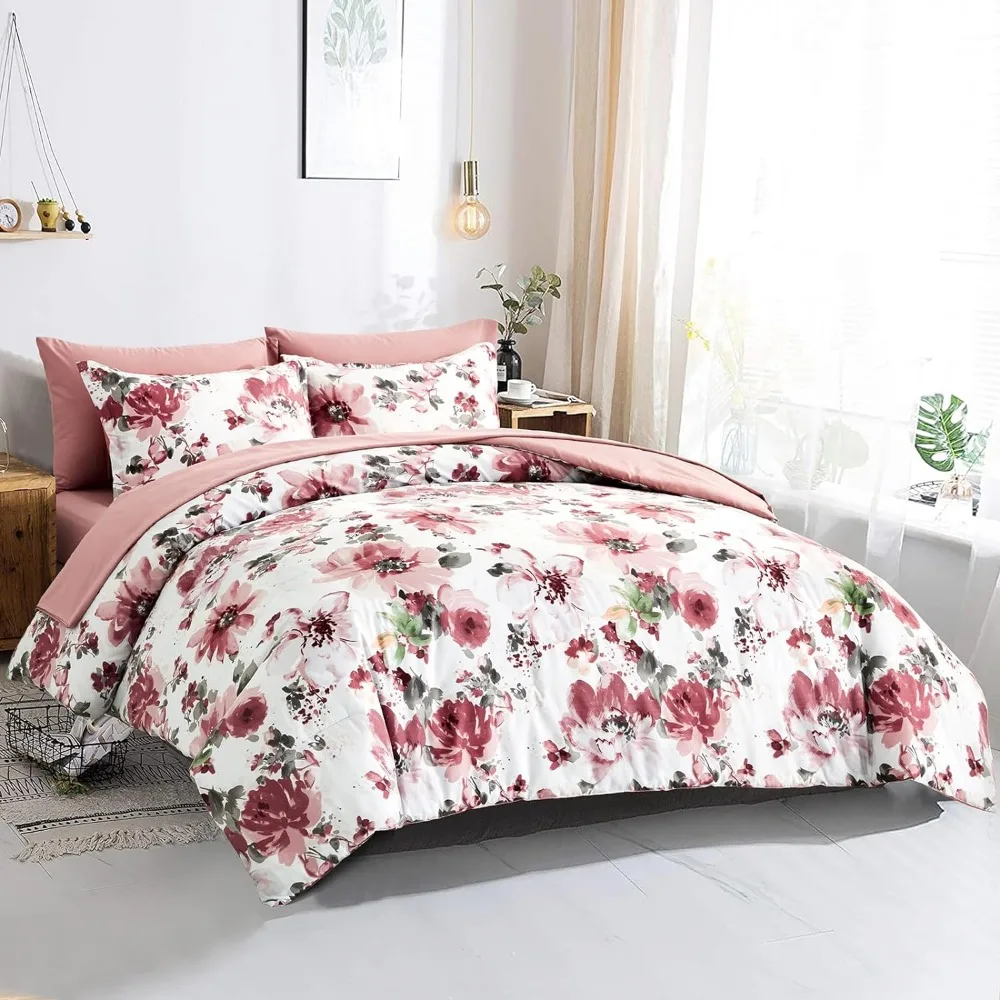 Imagem -03 - Conjunto de Cama Rosa com Edredão Floral Peças de Cama em Bolsa Microfibra Macia Completa para Todas as Temporadas King Size