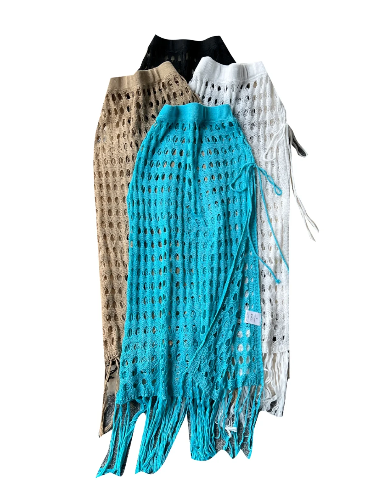 

Sexy Vaion Hollow out Me Midi Skirt Women's Design Slit Tassel Knitted Beach Skirt High Waist A-Line Korean Sle
