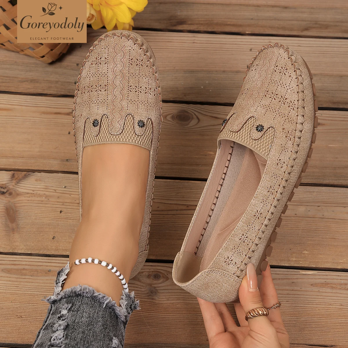 

goreyodoly women loafers hollow floral design patchwork slip on flats breathable lightweight casual walking shoes soft non slip