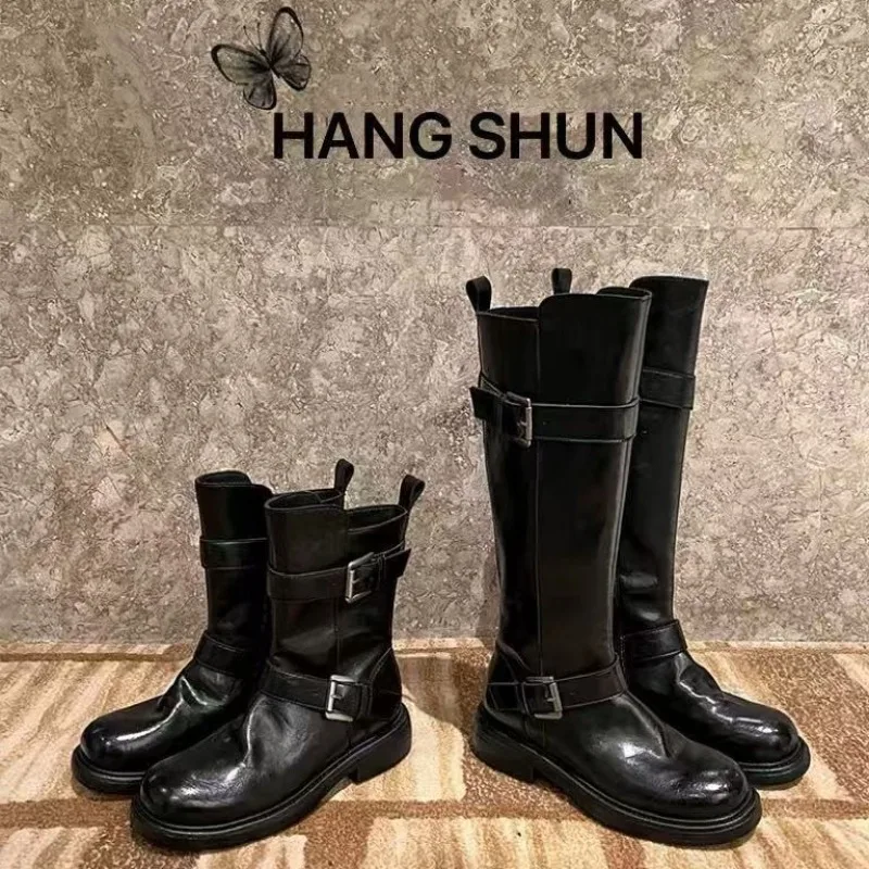 

Женские сапоги до колена, высокие сапоги «Челси», женские трендовые кожаные уличные мотоциклетные ботинки с пряжкой, зимние рыцарские ботинки на толстой подошве