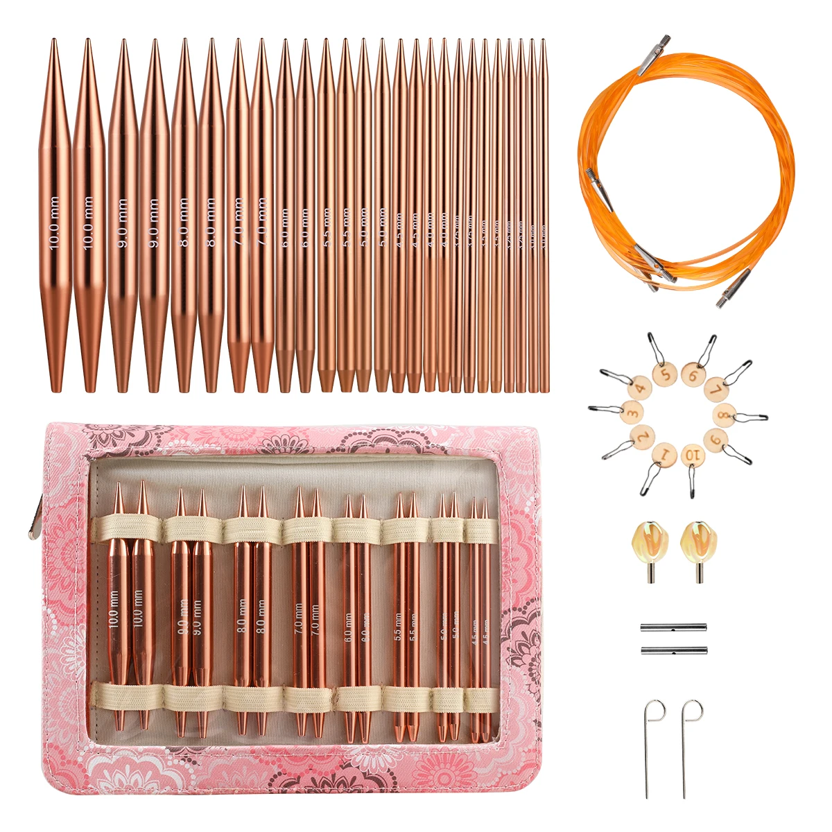 QZLKNIT Interchangeable Circular Knitting Needles Sets 26PCS Aluminun Crchet Needles Pink Color Bag Sewing Tool Accessories Gift