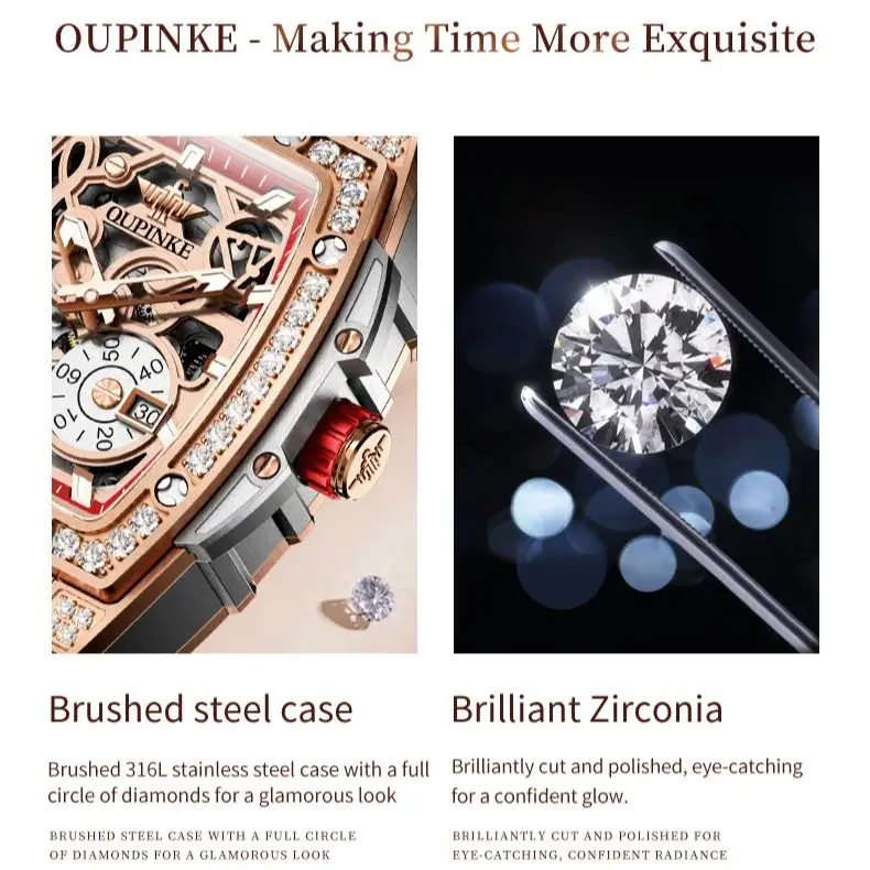 OUPINKE 3220 Flywheel Women Mechanical Watch Luxury Hollow Diamond Women Watch Silicone Strap Sapphire Mirror Women Dress Watch