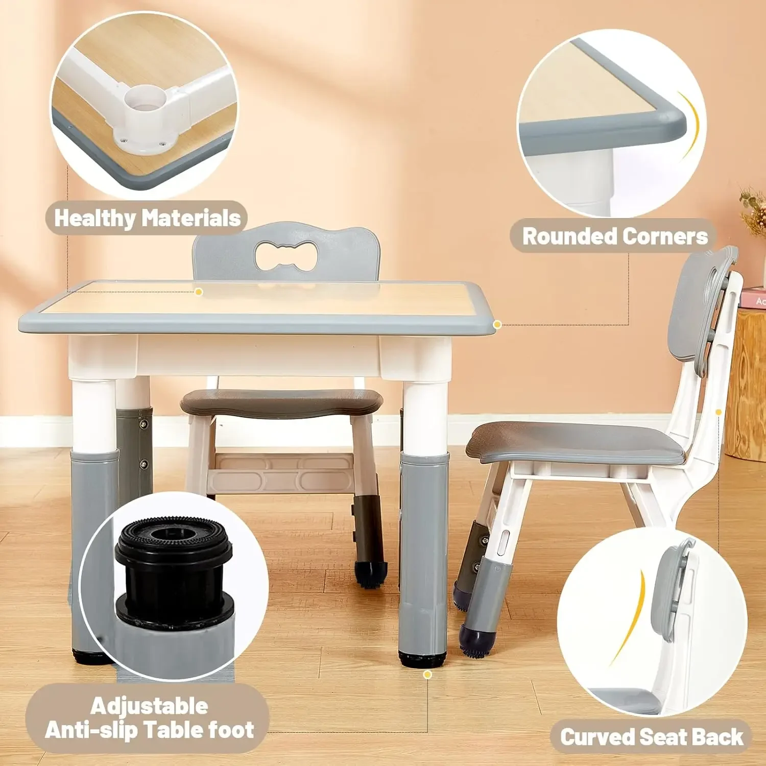 Ensemble table et 2 chaises pour enfants, ensemble table et chaises pour tout-petits réglables en hauteur pour les 3 à 8 ans, table d'art et d'artisanat facile à essuyer