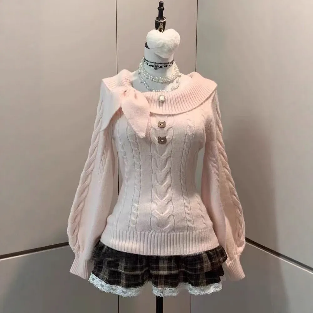 Sweet Hot Girl Bow Sweaters Women Off Shoulder Lantern Sleeve Knitted Tops Y2K 2000s Aesthetic Jumpers Slim Fit Chic Pullovers