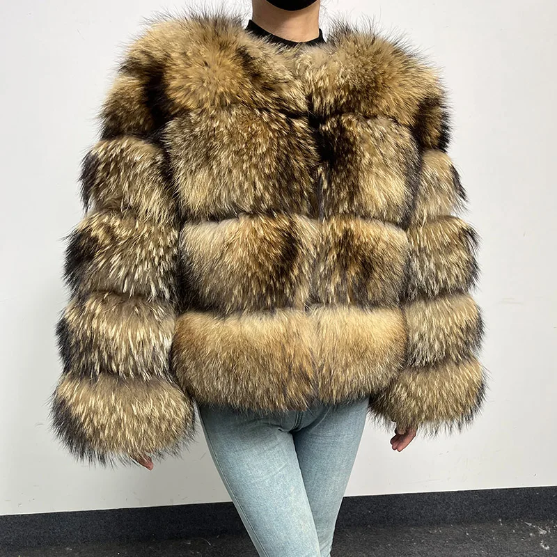 MAOMAOKONG 2024 Natural raccoon Real Fur Coat Women Winter Warm Luxury Fur Jacket Long Sleeve Female Vest Furry Coats clothing