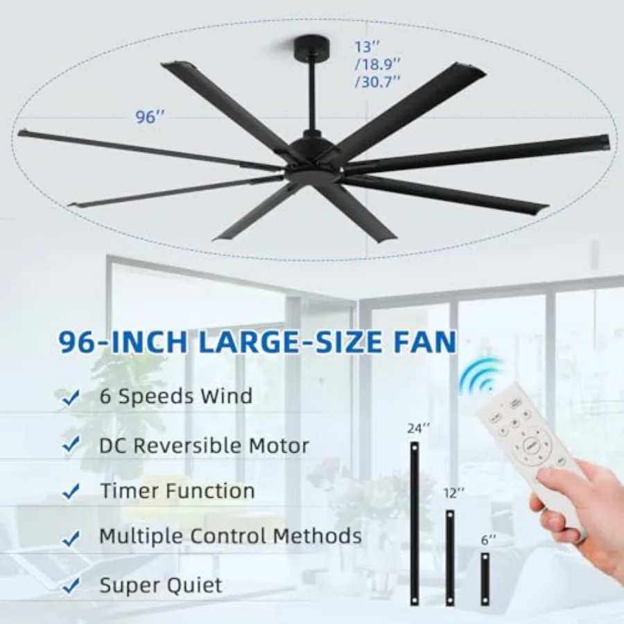 Industrial ceiling fan for porch, garage, shop: 96-inch, aluminum blades, reversible, 6-speed remote, no lights