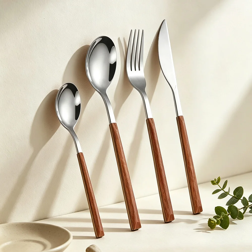 4Pcs Knife Fork Spoon Dinnerware Set High Quality Cutlery Set Stainless Steel Flatware Creative Imitation Wood Handle Tableware