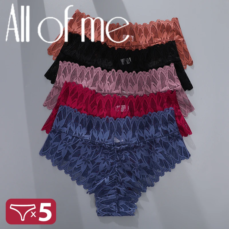 5PCS Women Floral Lace Panties Sexy Perspective G-String High Waist Solid Color Underpants Female Breathable Intimates Lingerie