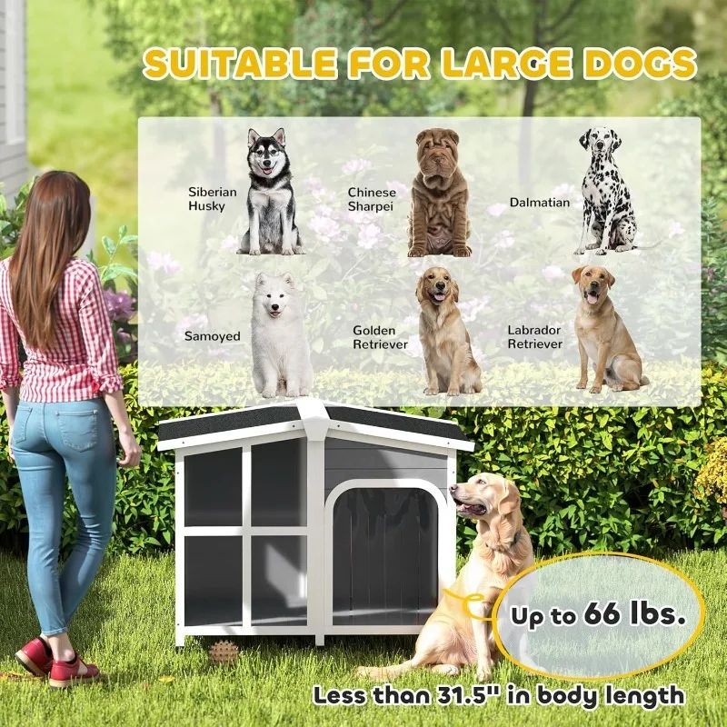 Cabin-Style Wooden Dog House for Large Dogs Outside with Openable Roof & Giant Window, Big Dog House Outdoor & Indoor, As