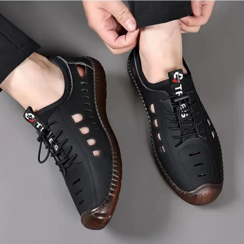 Men's Soft Leather 2024 Summer Men Leather Sandals Breathable Non-slip Cow Tendon Sole Casual Leather Shoes Outdoor Beach Shoes