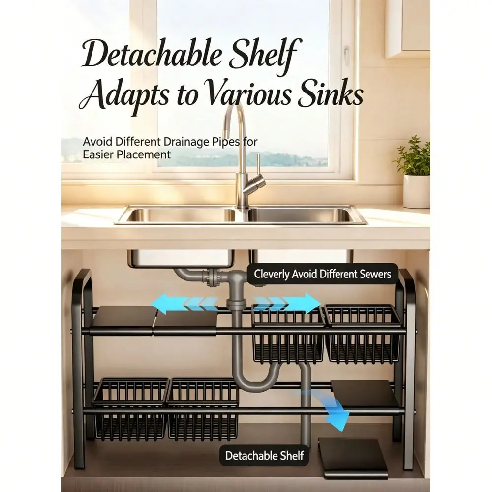 

Under Sink Organizer, SpaceSaving 2Tier Storage Shelf With Baskets For Kitchen Adjustable Height Under Sink Storage Rack, Detac