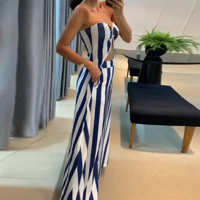 Two Piece Set Women Outfit 2024 Summer Fashion Striped Sexy Bandeau Sleeveless Long Top & Casual High Waist Pocket Pants Set