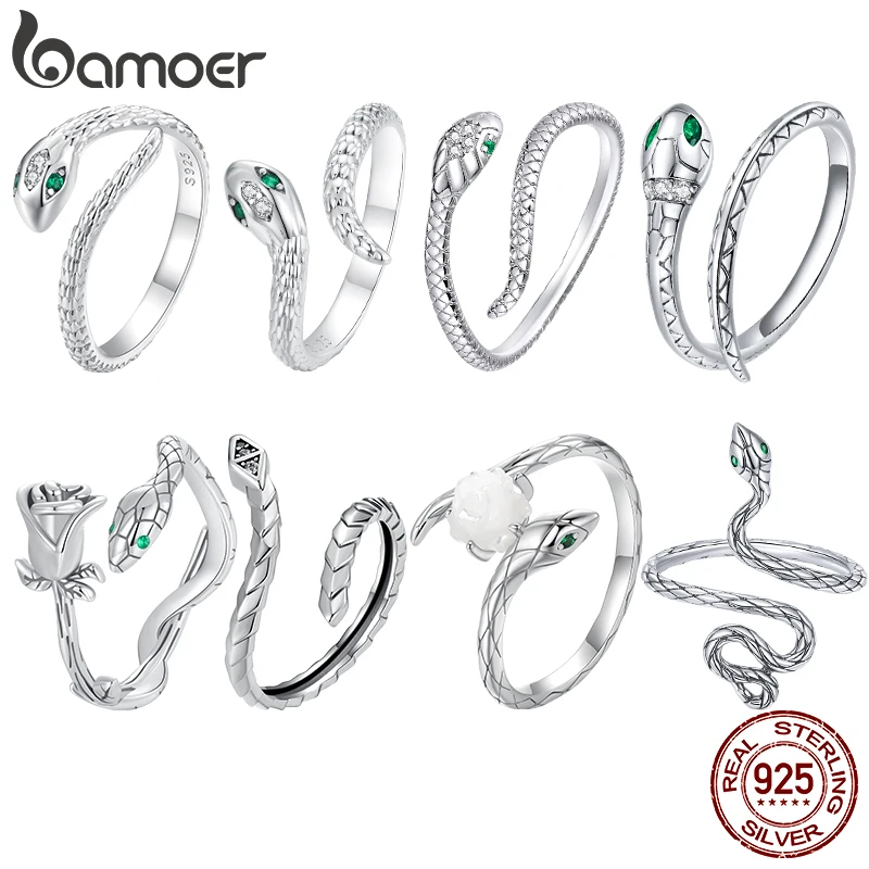 

Bamoer 925 Sterling Silver Original Snake Open Ring Green Stone Cool Dark Retro for Women Men Fine Jewelry Gifts Year of snake