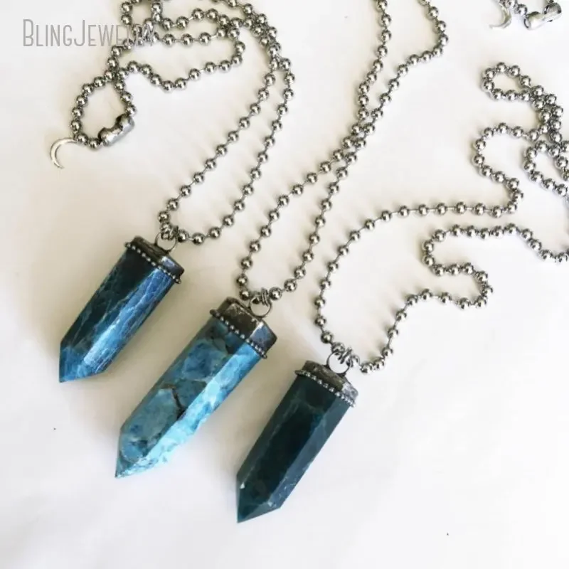 10 Stainless Steel Ball Chain Necklace Women Halloween Talisman Witch Wicca Goth Blue Apatite Crystal Pendulum Obelisk Jewelry