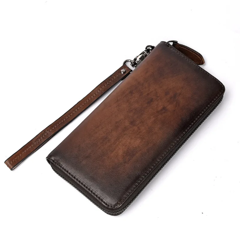 Vintage Crazy Horse Leather Men Women Credit Card Double Zip Wallets Long Wallet Male Clutch Purse SAC
