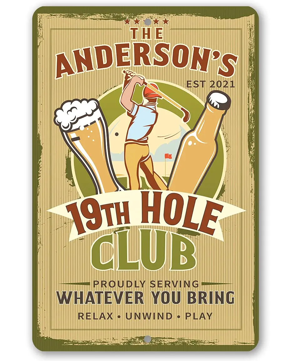 Personalized - 19th Hole Club Golf - Durable Tin Golf Metal Sign, Classic Man Cave and Country Club Decor, Golfers Sports D sign