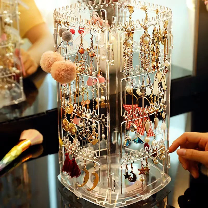Transparent Rotating Jewelry Display Stand Earring Holder Organizer Necklace Storage Rack Acrylic Plastic Home Organization