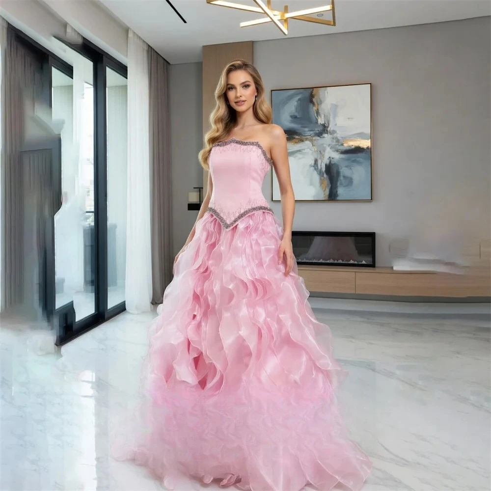 

Pink Party Dress Strapless Sleeveless Beading on Chest Evening Dress A Line فساتين السهرة Wave Hem Gala Dress Customized