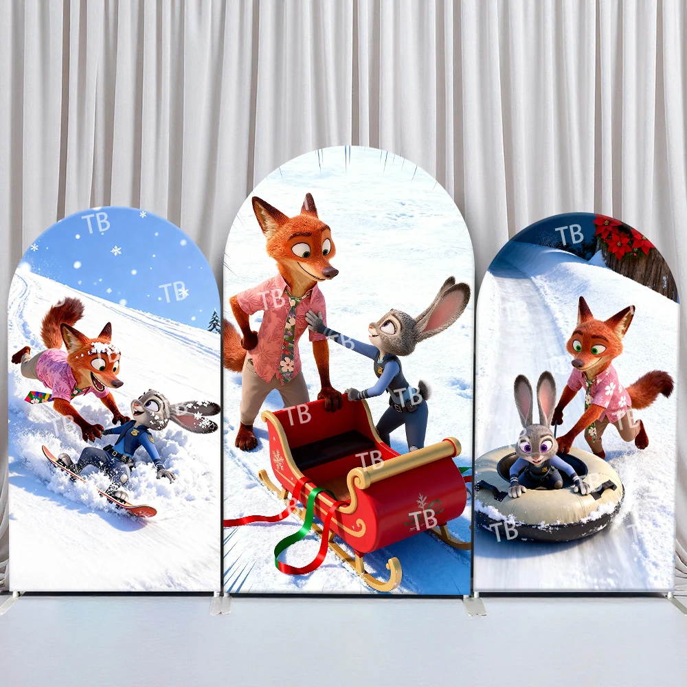

TB Disney Zootopia 2 Winter Snow Play Theme Arch Backdrop Cover Kids Party Decoration Photo Booth Props and Festive Celebration