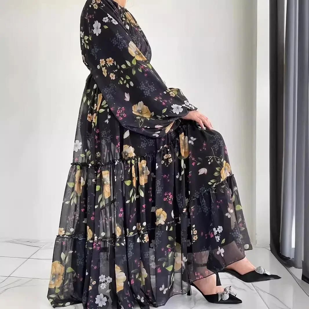 Moroccan Kaftan Abaya Women Long Robe Flower Print Dresses Sashes Eid Muslim Ramadan Dubai Saudi Jalabiya Abayas Islam Vestidos