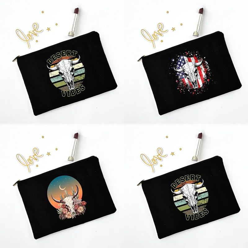 Wild and Free Cow Skull Pattern Cosmetic Kit Desert Vibes with American Flag Print Makeup Bag Travel Organizer Pencil Case Trend