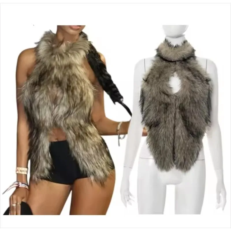 بلوزة رسن من الفرو الصناعي للسيدات Y2K سترة شتوية دافئة من الفرو بدون أكمام مقصوصة بدون ظهر ملابس خروج للحفلات والنوادي سترة شتوية دافئة فروي #1