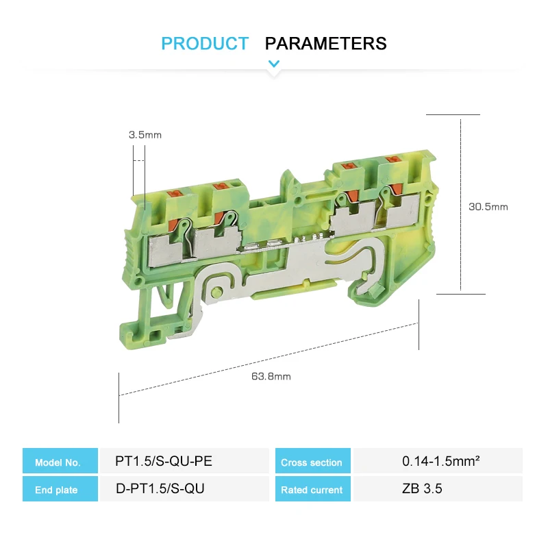 PT1.5-QU-PE Ground Terminals Push-in 4-Conductor PT 1.5 QUATTRO 1.5mm² Wire Connector Din Rail Terminal Block PT 1.5-QU-PE