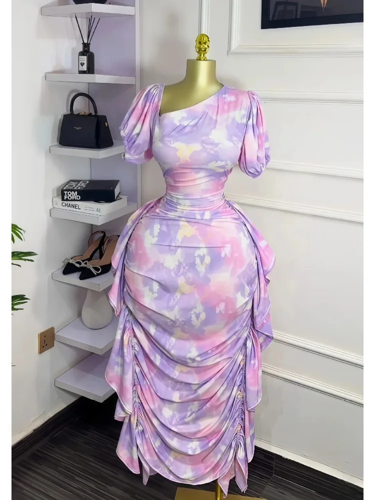 Elegant Women Tie Dye Printed Skew Neck Ruched Stacked Bodycon Midi Maxi Long Dress 2026 Vacation Holiday Sexy Vestidos Dresses