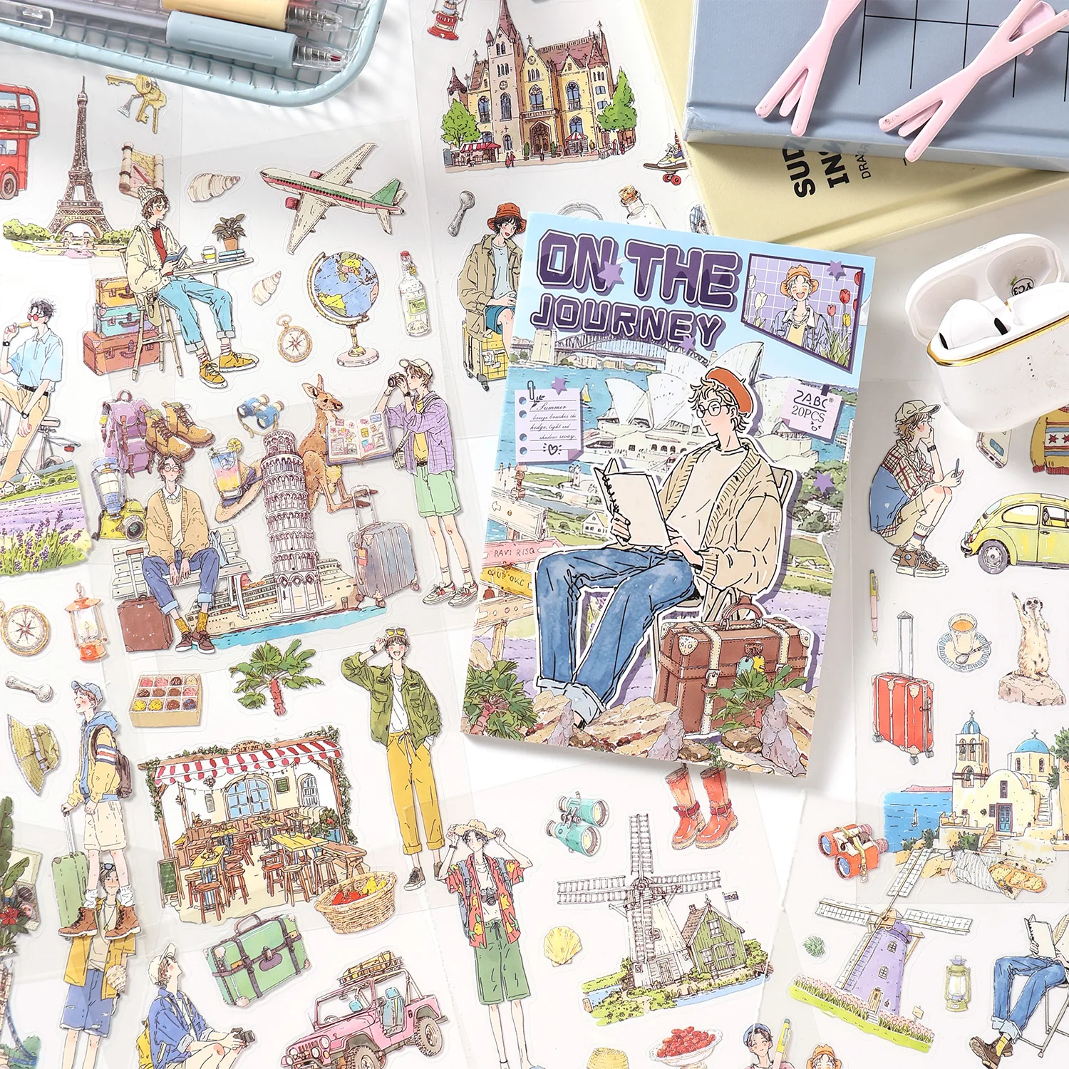 20 sheets Aesthetic Healing Youth Character PET Collage Stickers, Daily Scene Watercolor Stickers for Notebook Decoration