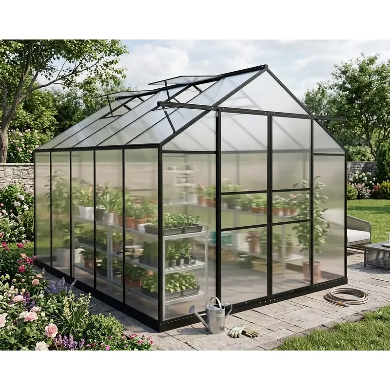 10x8 Large Walk-In Aluminum Polycarbonate Greenhouse Kit Easy Assembly Outdoor Garden Greenhouse with Adjustable Roof Vent