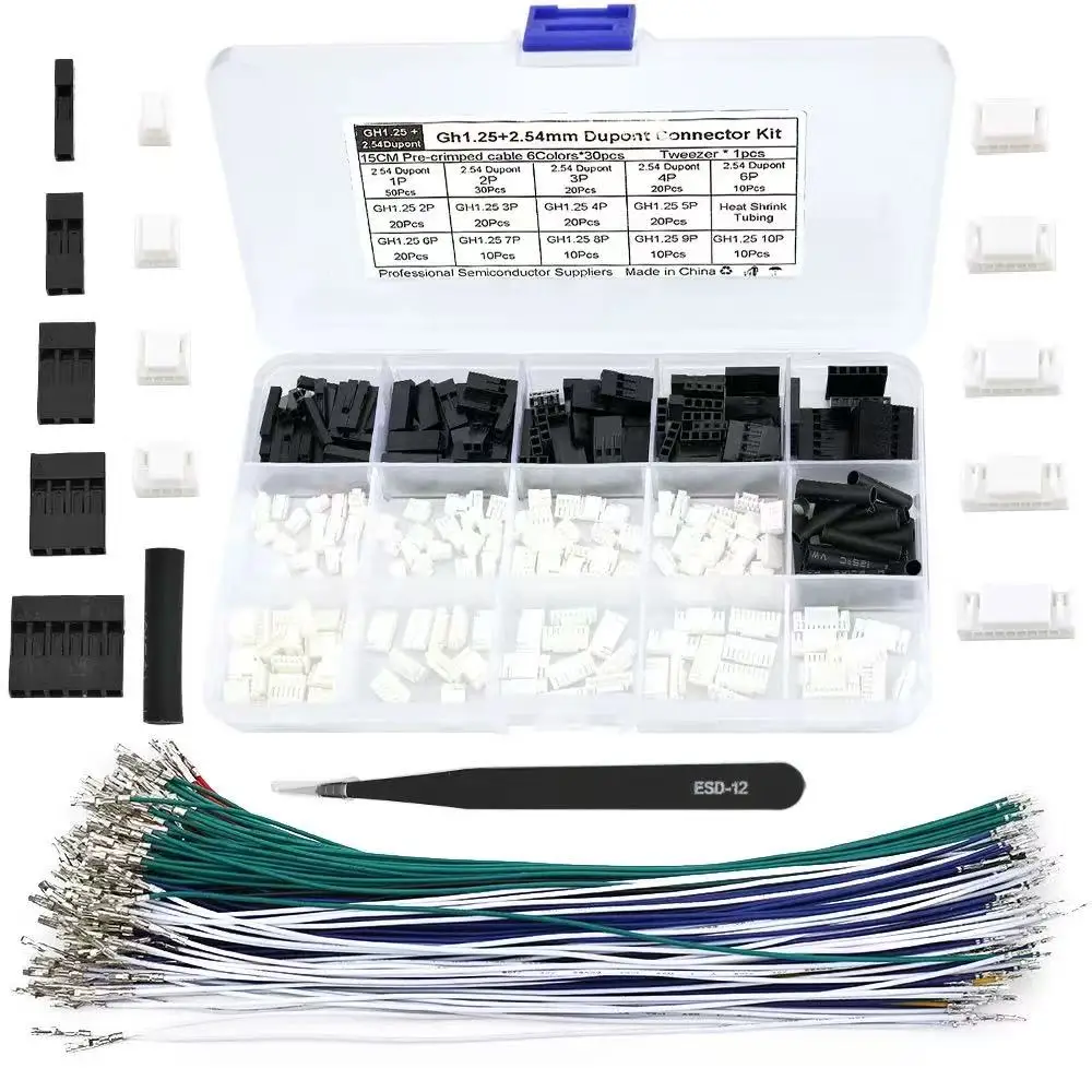 

GH1.25mm to 2.54mm Dupont Connector Kit, Male Housing Plug with Lock + Crimped Cable Terminal Assortment