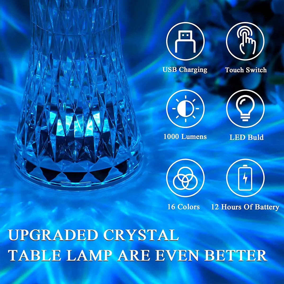 Crystal Diamond Table Lamp 16 Color Changing Night Lights Small Waist Shape Rechargeable Bedside Bedroom Lamp with Touch Button