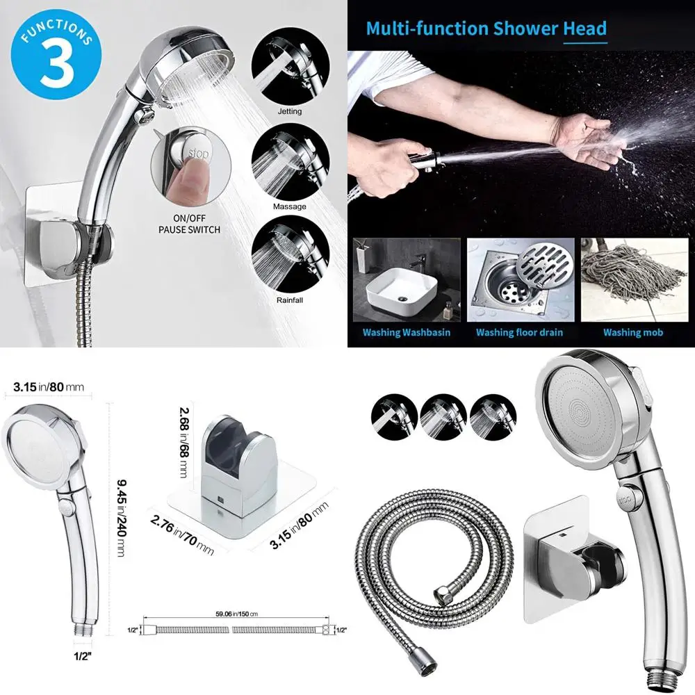 

High-Pressure Handheld Shower with Pause, 3 Modes, Water-Saving, Chrome Finish, Includes Bracket and Hose
