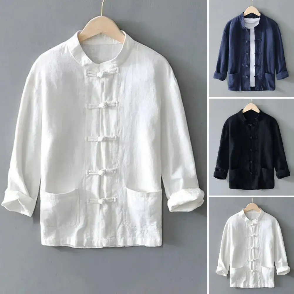 Men Solid Color Shirt with Pockets Chinese Style Men's Stand Collar Cardigan Top with Knot Button Detail Traditional for Mid