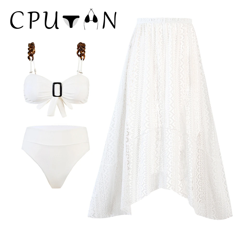 CPUTAN Push Up Bikini Set High Waist 3 Pieces Women Swimwear 2024 Biquini Swimsuit Retro Dress Brazilian BathingSuit Beach Skirt