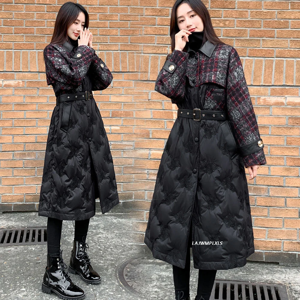 2023 winter new slim mid-length women's woolen stitching over-the-knee 90% white duck down jacket Parkas