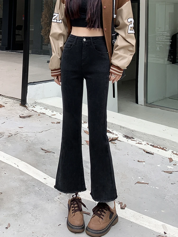 Retro Winter Velvet Ripped High Waist Ankle-Length Jeans Women Korean Fashion Flare Pants Stretch Denim Pants Pocket Trousers