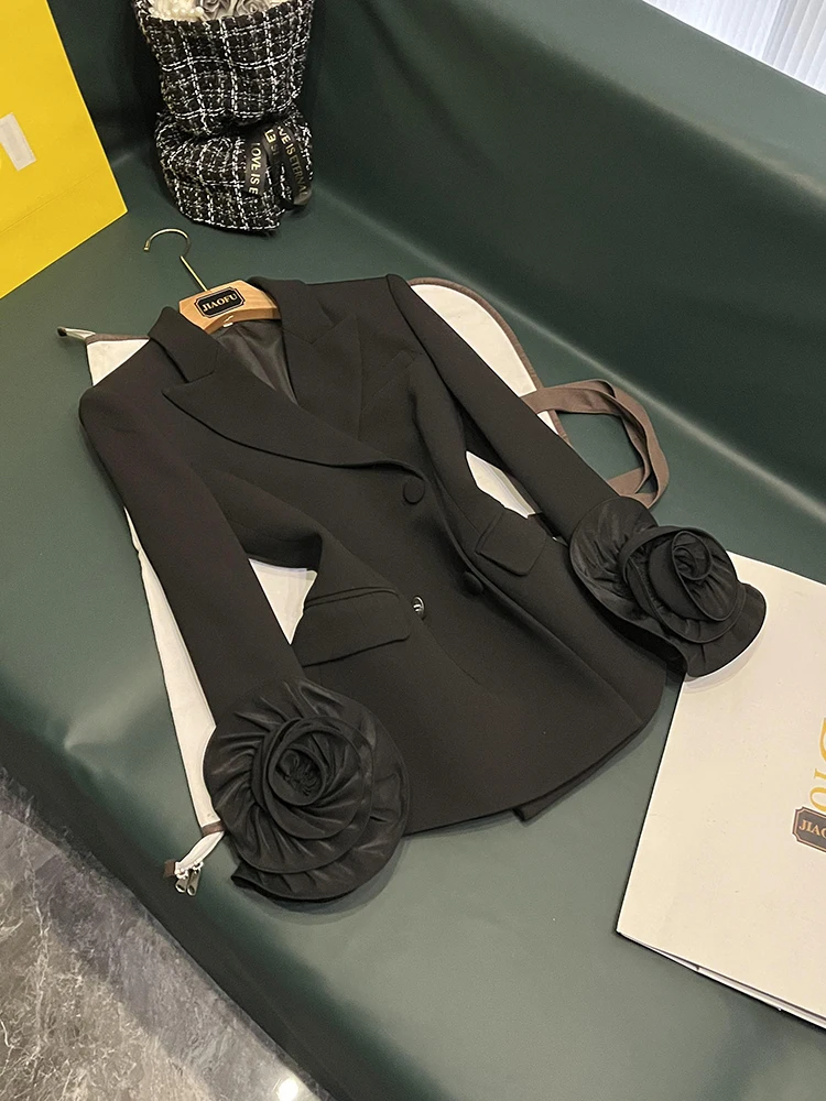 

Slim Fit Double Breasted Jaet with Cuff Flower Decoration Commute Sle Long Sve Suit Jaet for Women X737