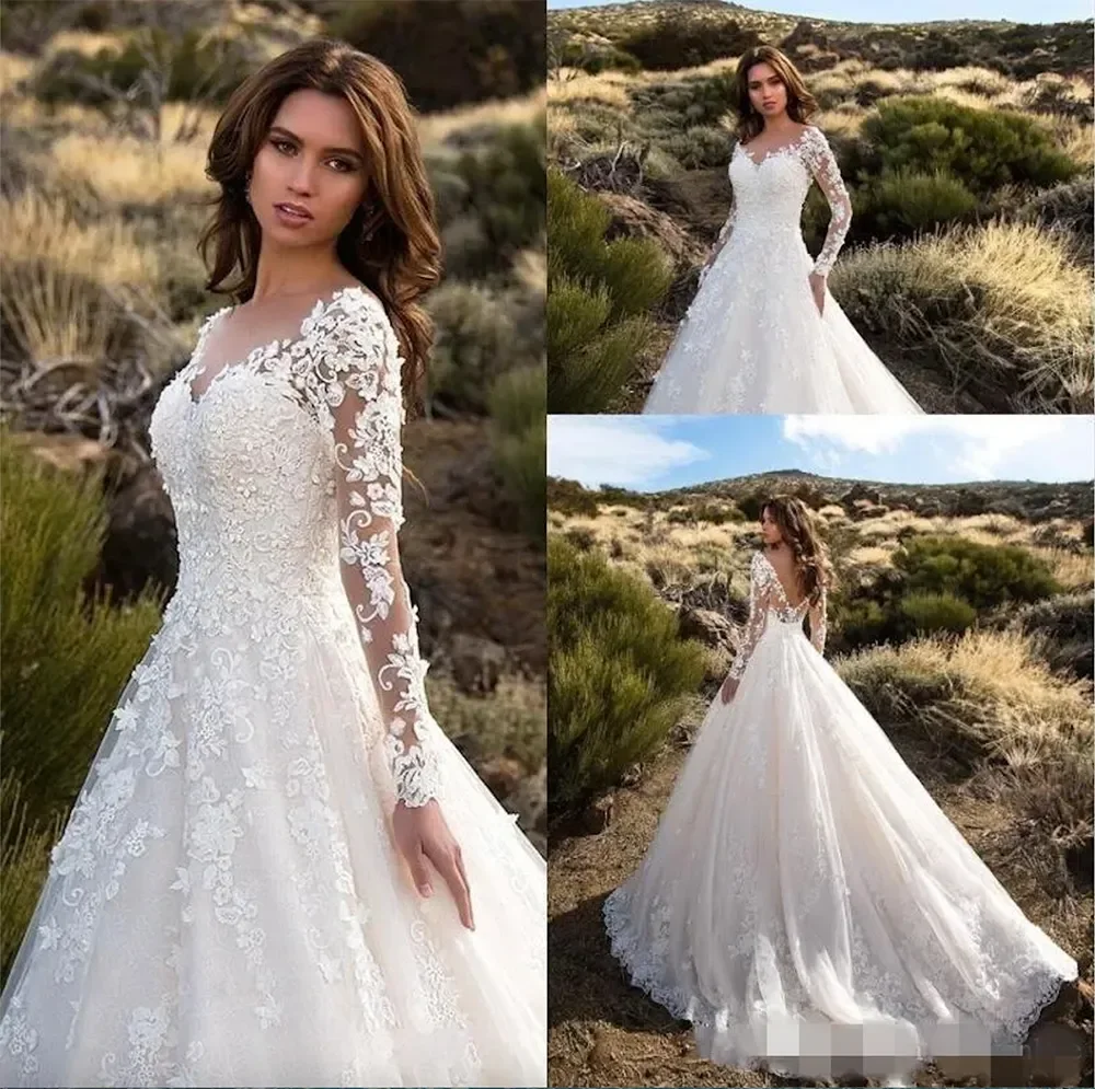 Vestido de novia de manga larga con cuello en V, traje de novia con apliques de encaje, corte en A, talla grande, modesto, 2024